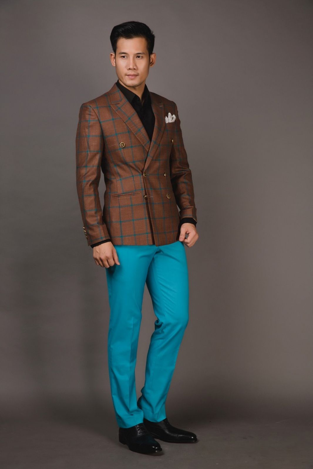 Mix Pattern Double Breasted Blazer With Turquoise Trousers